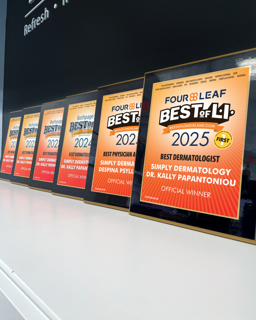 Simply Dermatology’s Best of Long Island plaques for Best Dermatologist proudly displayed in the Melville office.
