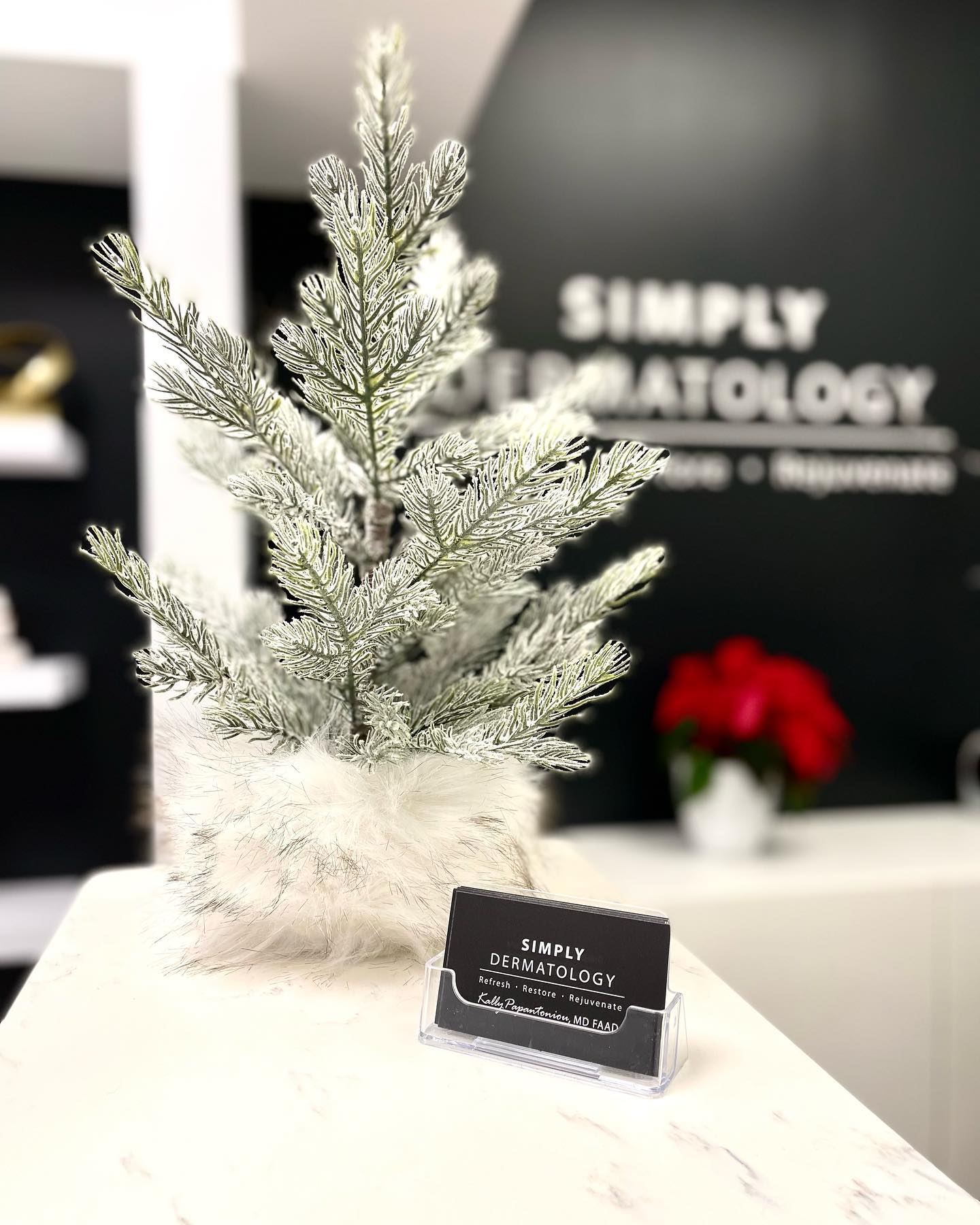 A small frosted tabletop tree displayed at Simply Dermatology’s front desk, with the clinic’s business card holder in the foreground and the Simply Dermatology logo blurred in the background.