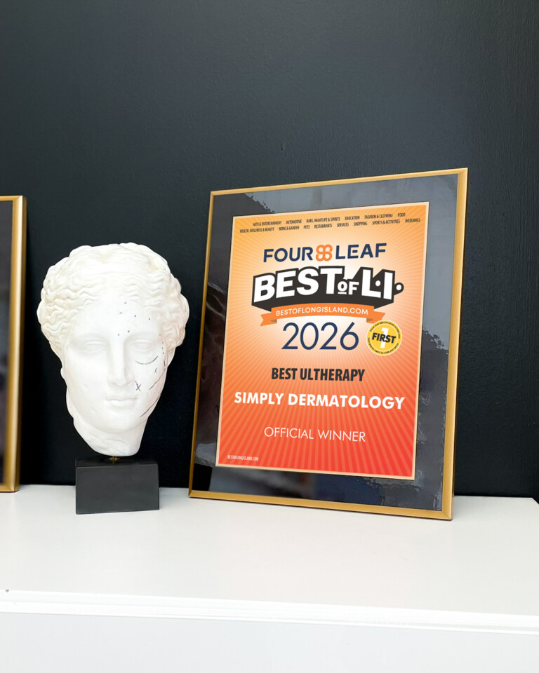 2026 Best of Long Island Best Ultherapy plaque displayed beside a white sculpture bust.