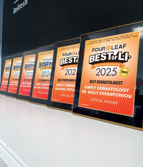Simply Dermatology’s Best of Long Island plaques for Best Dermatologist proudly displayed in the Melville office.